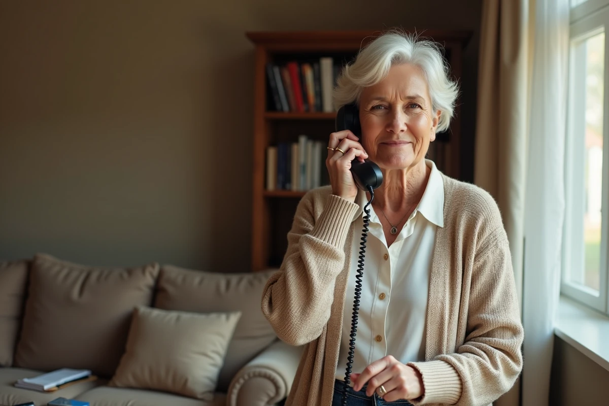 Femme senior téléphonant au service Cetelem depuis son salon avec un bloc-notes