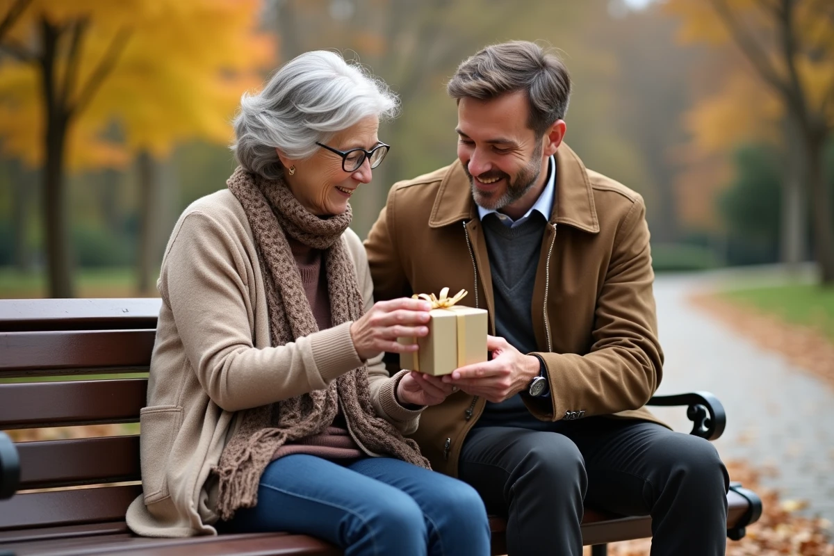 Femme senior offrant un cadeau à son fils dans un parc d