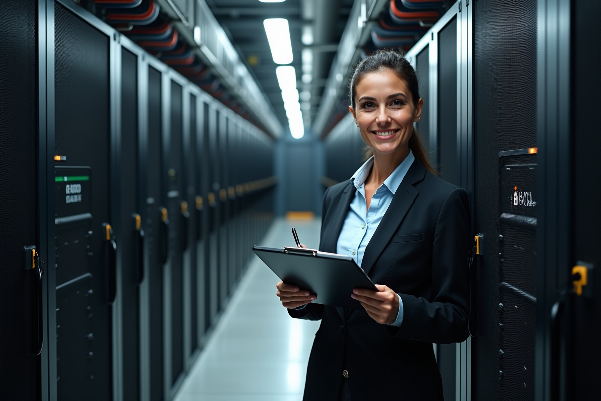 Femme inspectant un serveur de minage dans une salle industrielle