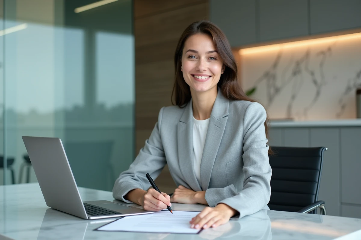 Jeune femme professionnelle signant un contrat dans un bureau bancaire