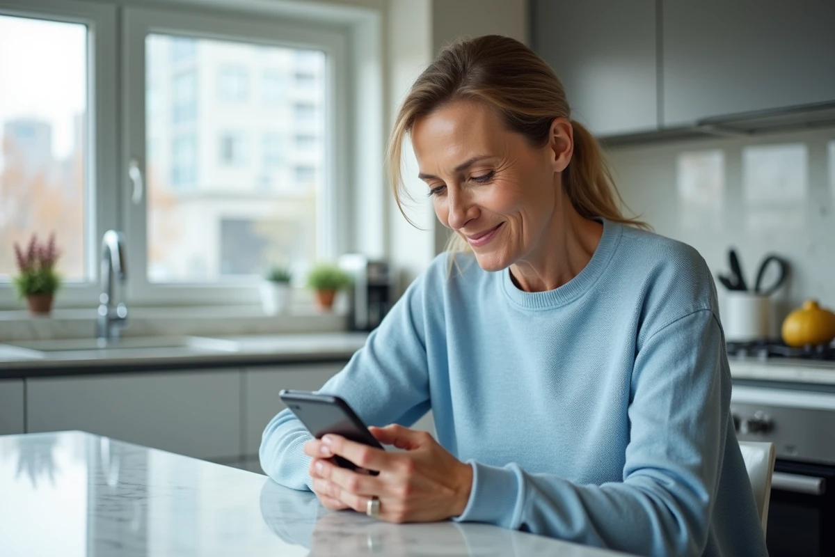 Femme d'âge moyen utilisant une application bancaire sur smartphone