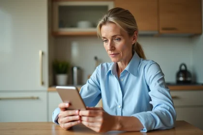 Femme utilisant son smartphone pour contacter le service client Cetelem depuis chez elle