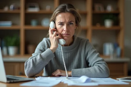 Femme stressée au téléphone cherchant à contacter Cetelem après un refus de crédit