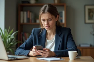 Femme consultant son smartphone pour vérifier le montant maximum d'un virement instantané La Banque Postale