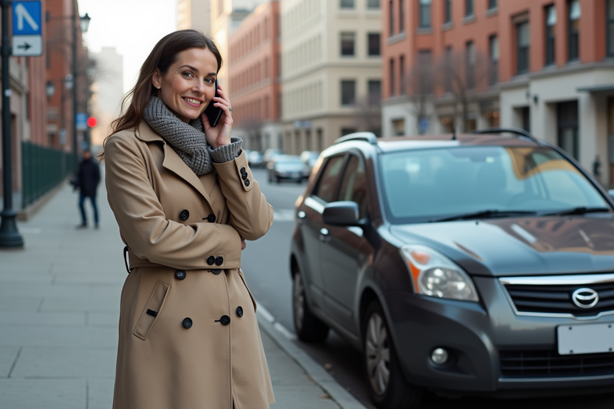 Femme parlant à son agent d assurance près d une voiture endommagée en ville