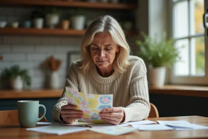 Femme réfléchissant à des chèques cadeaux colorés à la maison