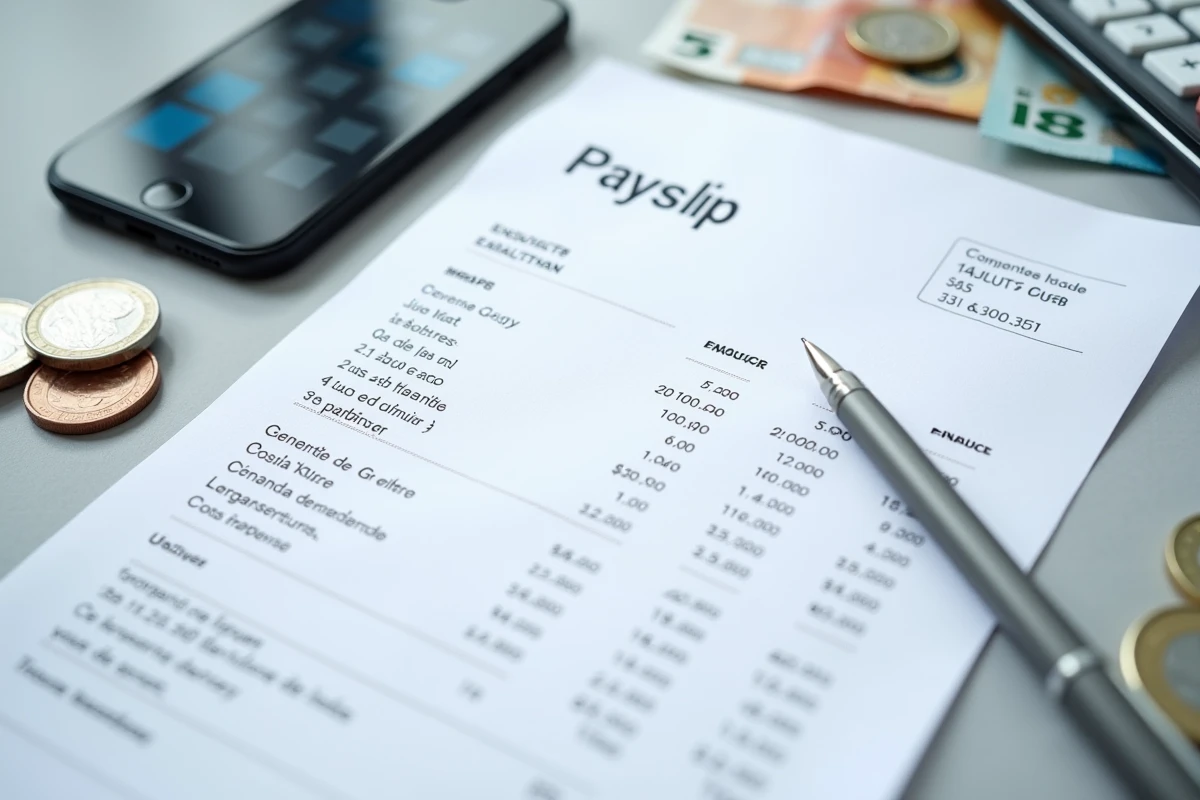 Fiche de paie française posée sur un bureau avec des billets et pièces en euros, illustrant le salaire moyen et l'impact de l'inflation en 2026