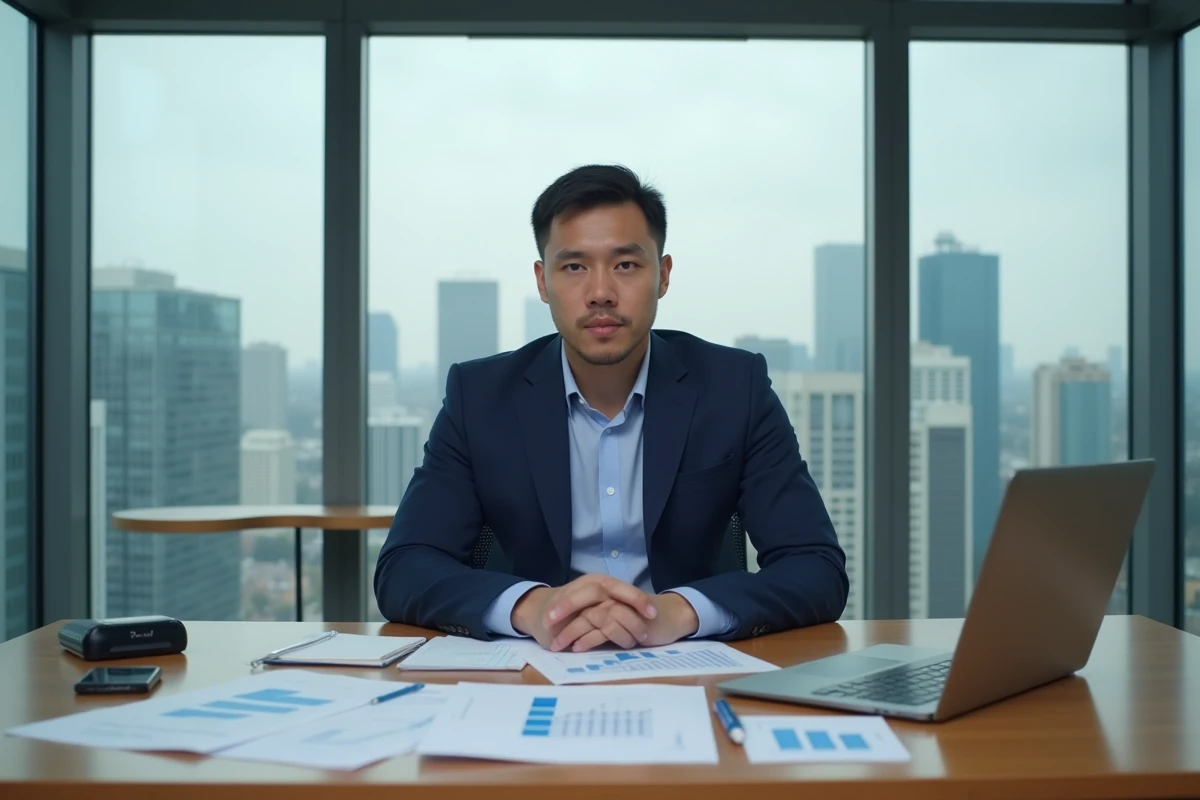 Financier travaillant dans un bureau moderne avec vue sur la ville, entouré de documents financiers et d'un ordinateur portable