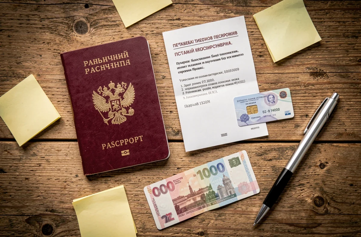 Mise en scène de documents de voyage pour la Russie incluant passeport, certificat d'assurance, roubles et guide en cyrillique