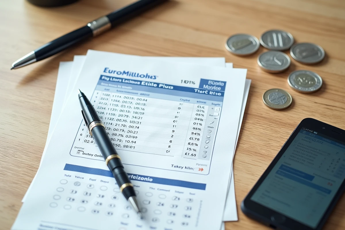 Vue aérienne d'un bulletin EuroMillions Étoile Plus avec des pièces en euros et un smartphone affichant des calculs de rentabilité