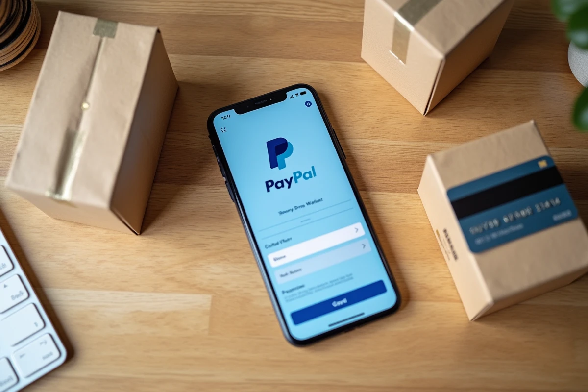Vue de dessus d'un bureau avec smartphone affichant PayPal, une carte bancaire et des colis Amazon symbolisant les achats en ligne