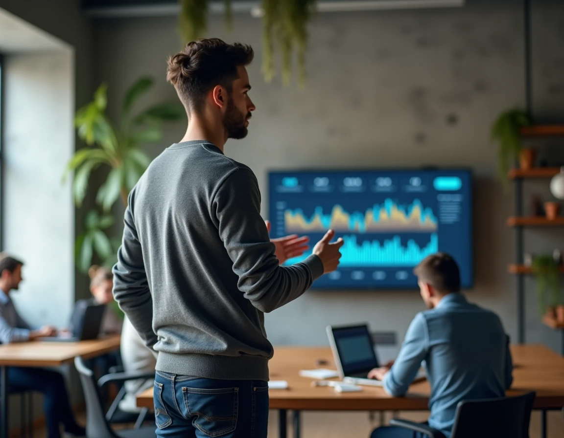 Fondateur de startup fintech présentant un tableau de bord de gestion de patrimoine sur grand écran dans un espace de travail moderne