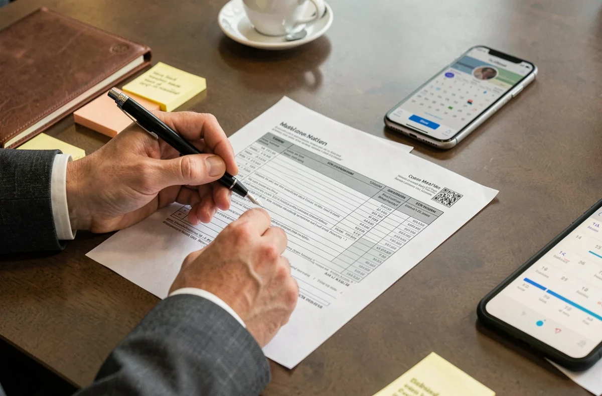 Mains d'un dirigeant remplissant un formulaire d'acompte IS avec calendrier fiscal sur smartphone