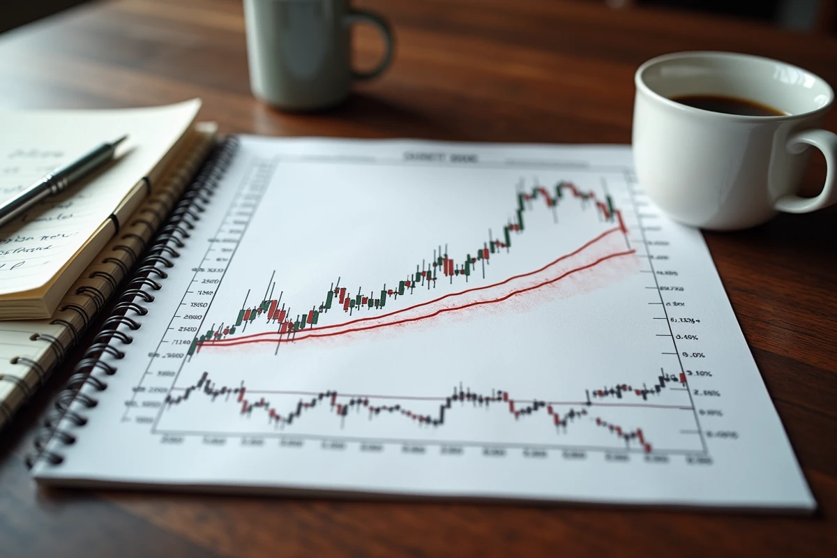 Graphique boursier imprimé avec annotations sur un double bottom posé sur un bureau en bois