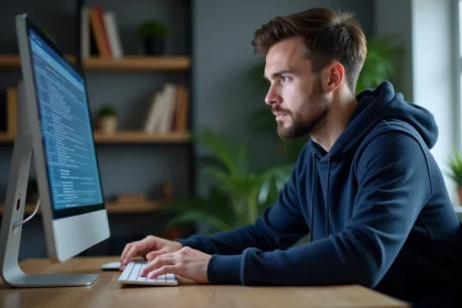 Homme vérifiant son historique d'achat Valorant sur un ordinateur de bureau pour détecter des paiements frauduleux