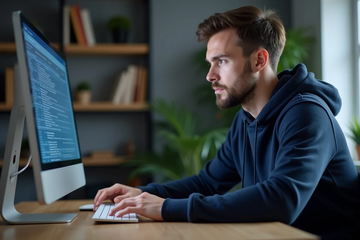 Homme vérifiant son historique d'achat Valorant sur un ordinateur de bureau pour détecter des paiements frauduleux