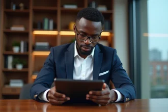Homme d'affaires africain en costume dans un bureau moderne
