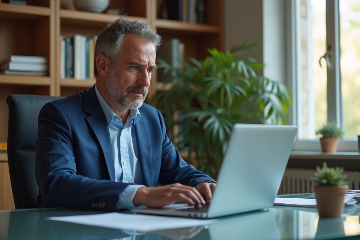 Homme d'affaires en costume bleu analysant des graphiques financiers