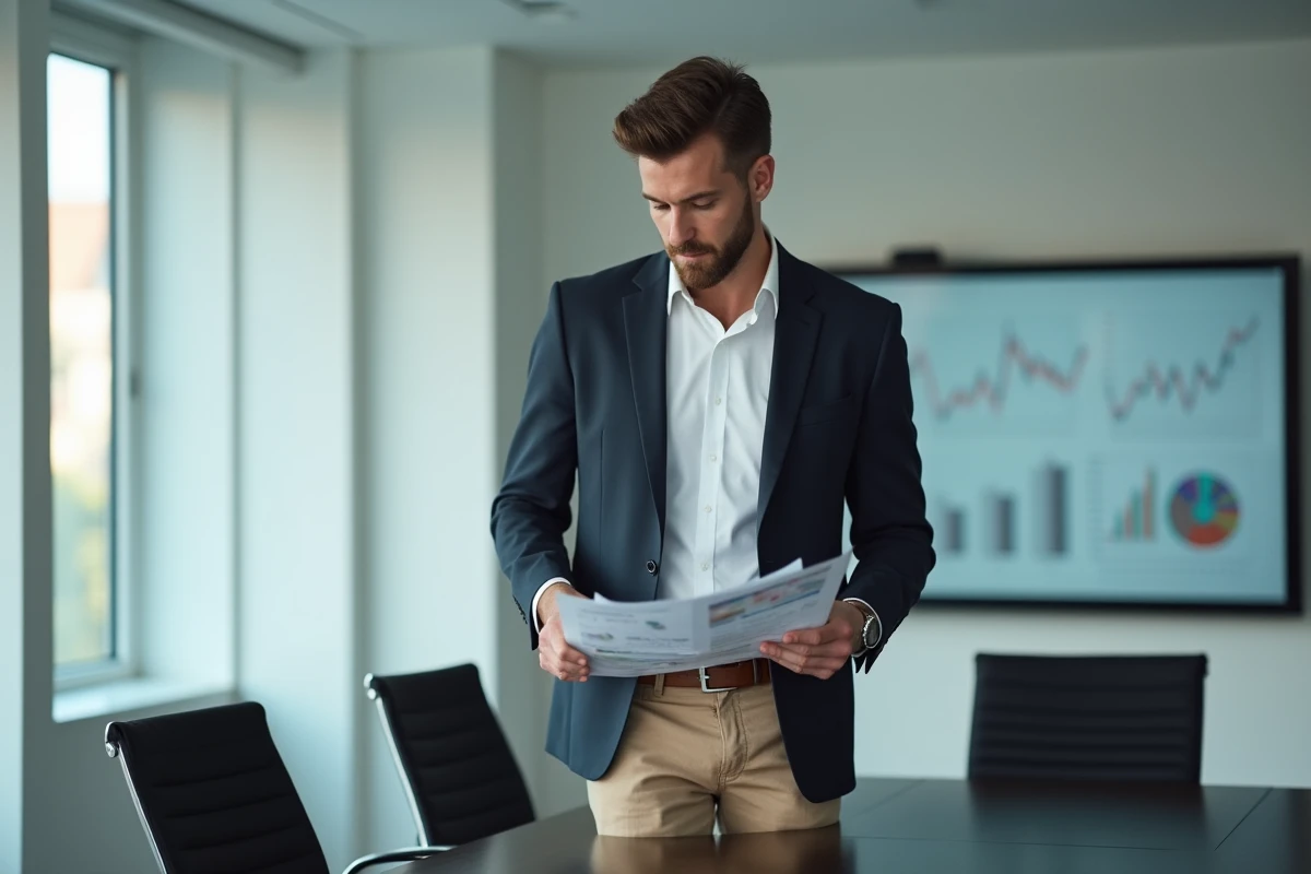 Homme d'affaires financier consultant des graphiques financiers dans une salle de conférence professionnelle moderne