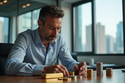 Homme d'affaires examine une barre d'or et des pièces d'argent