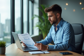 Homme d'affaires analysant un rapport financier dans un bureau moderne