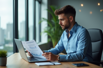 Homme d'affaires analysant un rapport financier dans un bureau moderne