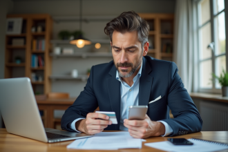 Homme d'affaires en costume vérifiant son smartphone dans un intérieur moderne