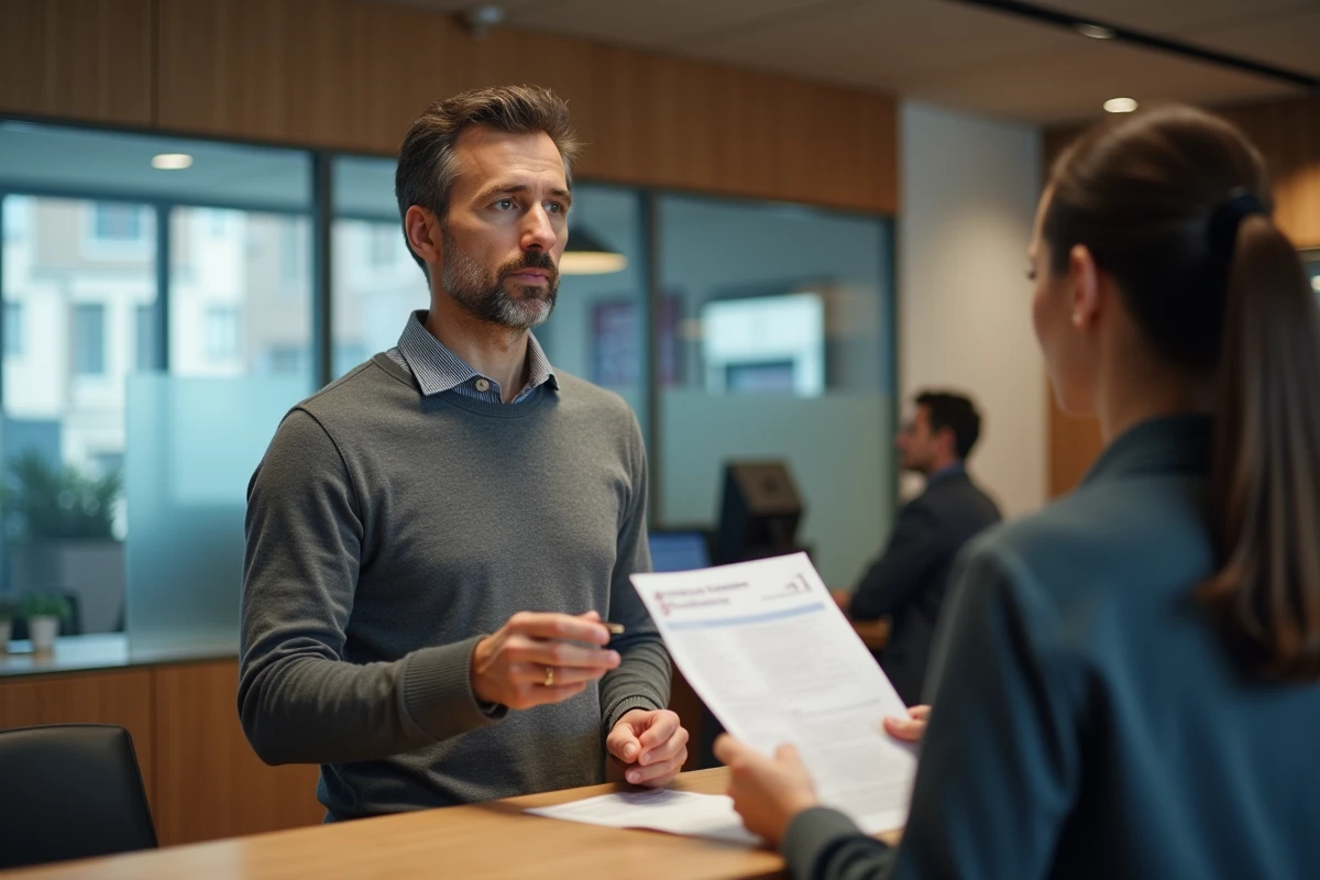 Homme en agence La Banque Postale demandant des informations sur le plafond de virement instantané