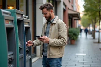 Homme décontracté utilisant un distributeur en ville