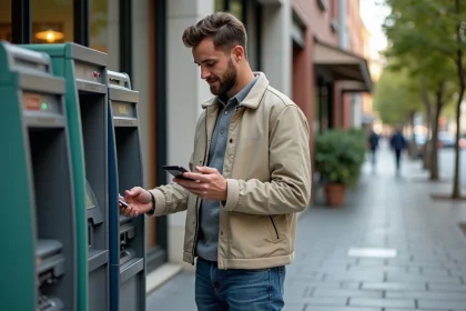 Homme décontracté utilisant un distributeur en ville