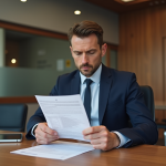 Homme d'âge moyen en costume navy dans une banque moderne