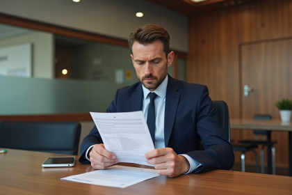 Homme d'âge moyen en costume navy dans une banque moderne