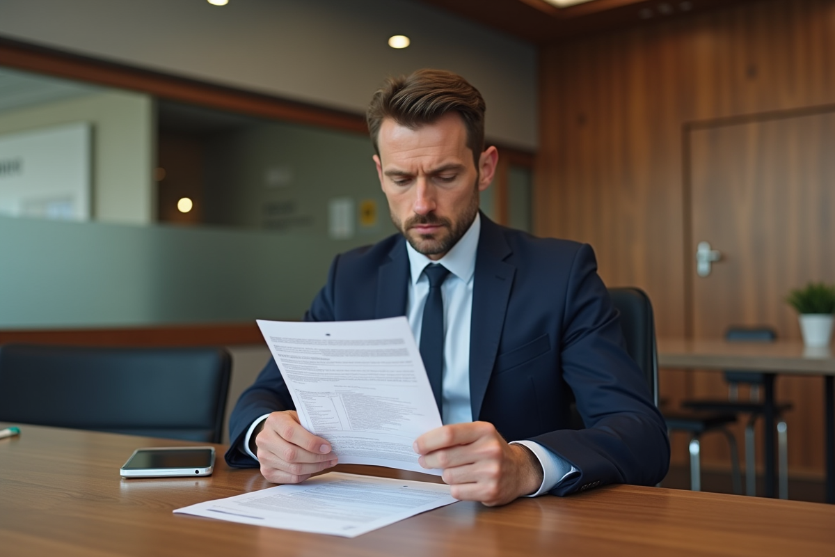 Homme d'âge moyen en costume navy dans une banque moderne