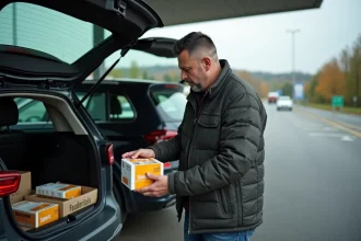 Homme d'âge moyen déballant des cartons de cigarettes au bord de la route