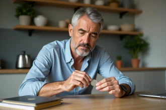 Homme examinant une pièce de 50 Francs 1977 en argent