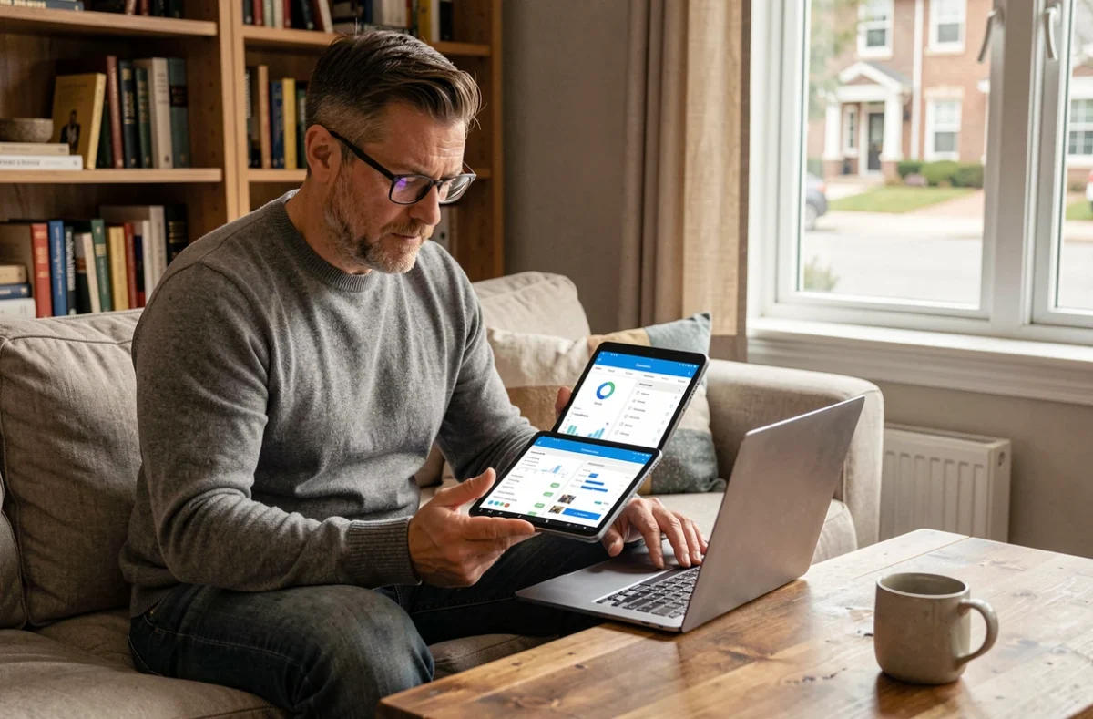 Homme comparant une banque en ligne et une banque traditionnelle sur tablette et ordinateur depuis son domicile