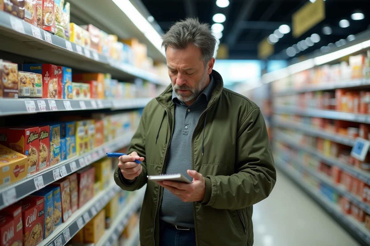 Homme comparant les prix en supermarché, symbolisant la perte de pouvoir d'achat liée à l'inflation et la stagnation des salaires en France