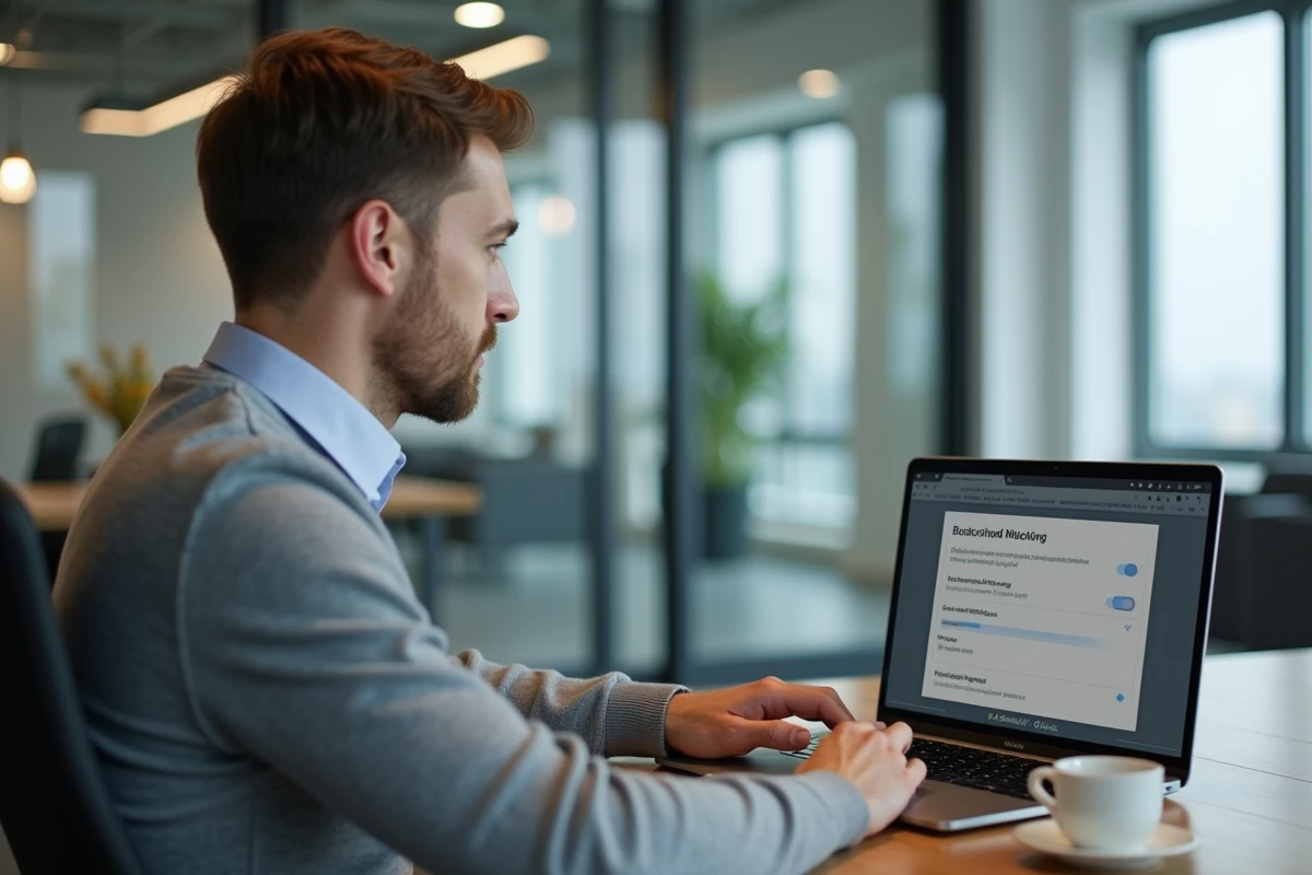 Homme configurant les alertes email sur son espace Cyberplus Bp du Sud via un ordinateur portable au bureau