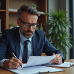 Homme en costume examine des documents de prêt dans un bureau moderne