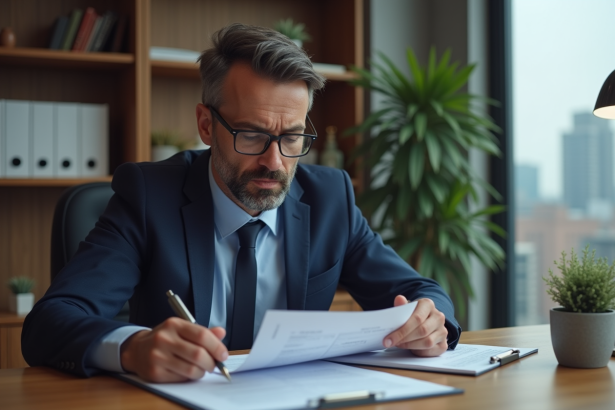 Homme en costume examine des documents de prêt dans un bureau moderne