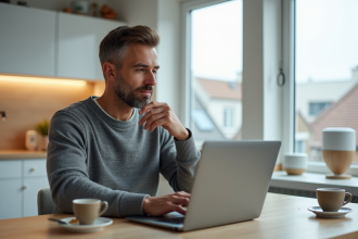 Homme concentré sur son ordinateur avec graphiques crypto