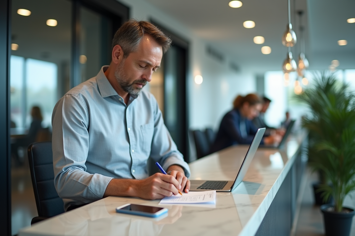Homme remplissant un bordereau de dépôt à la banque