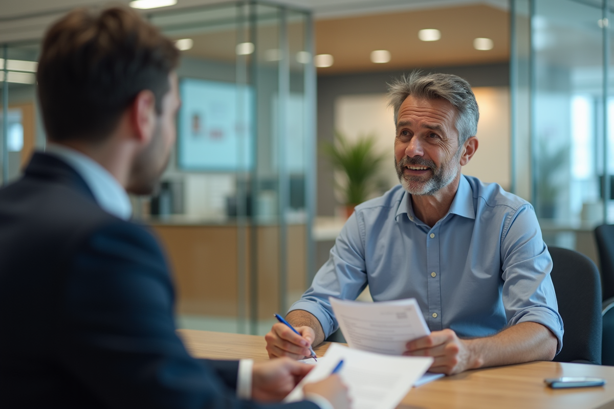 Homme discutant avec un conseiller bancaire au guichet