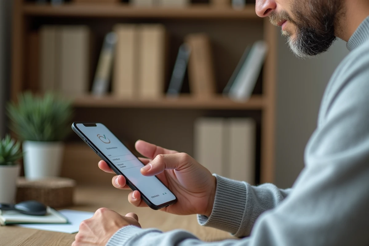 Homme consultant et paramétrant ses prélèvements bancaires sur l'application mobile Cyberplus depuis son bureau à domicile