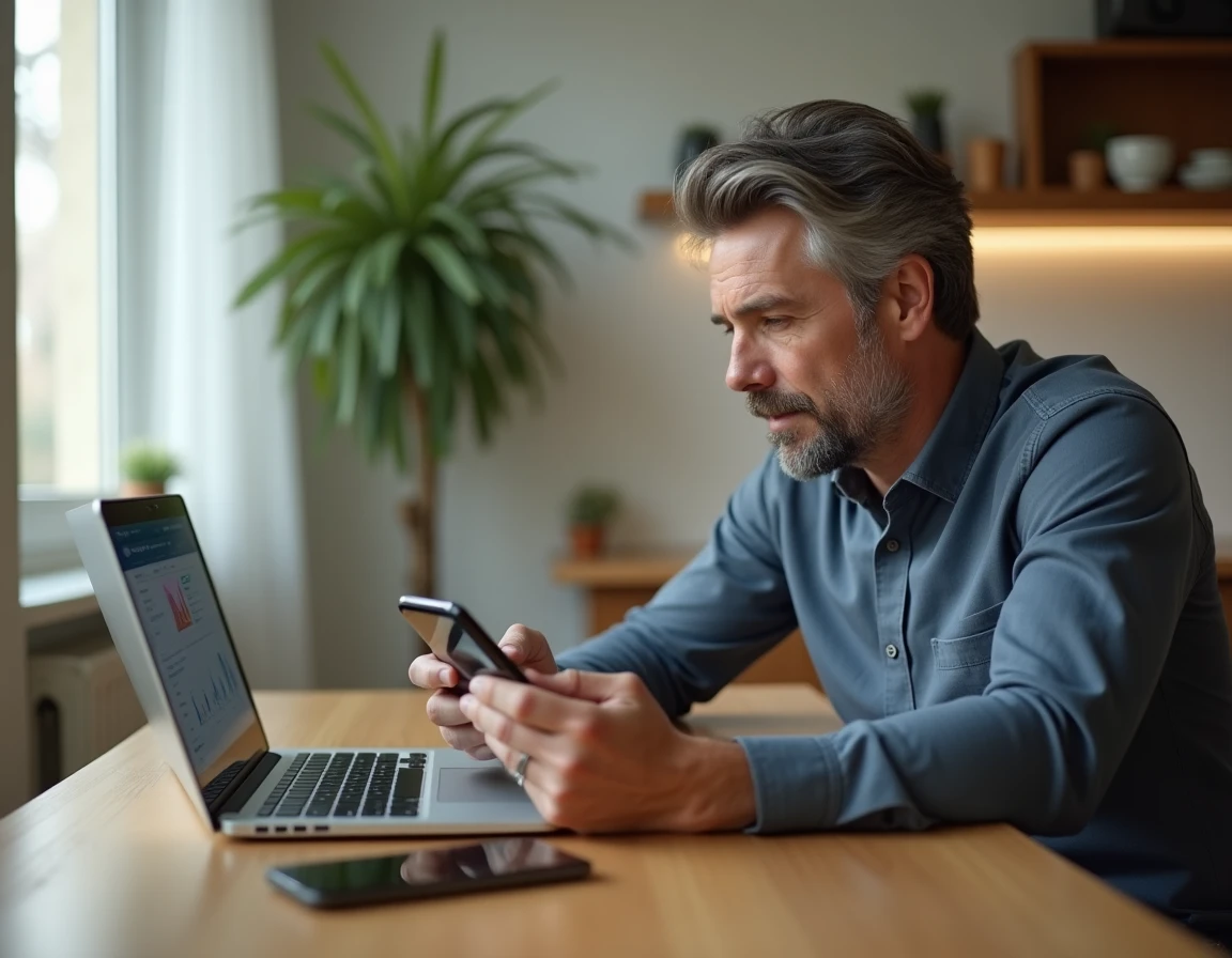 Homme à domicile comparant des téléphones compatibles avec les services Société Générale sur son ordinateur