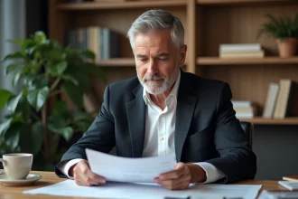 Homme d'âge moyen examinant des documents financiers dans un bureau moderne