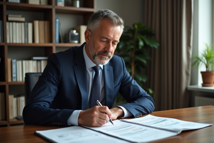 Homme d'affaires en costume analyse des documents financiers