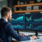 Homme d'affaires en costume étudiant des graphiques financiers