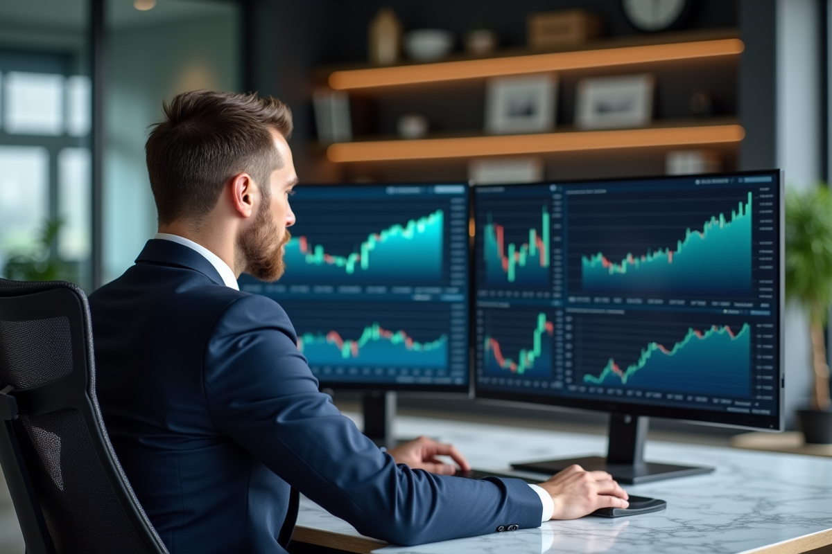 Homme d'affaires en costume étudiant des graphiques financiers