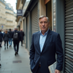 Homme d'âge moyen devant une banque parisienne fermée
